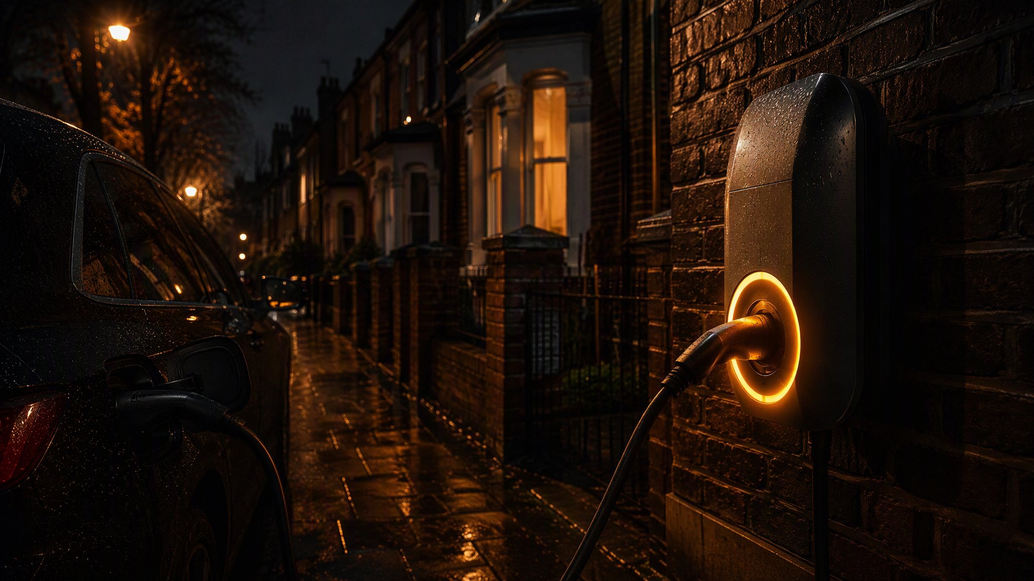 Electric vehicle charge point installed on a London home at night